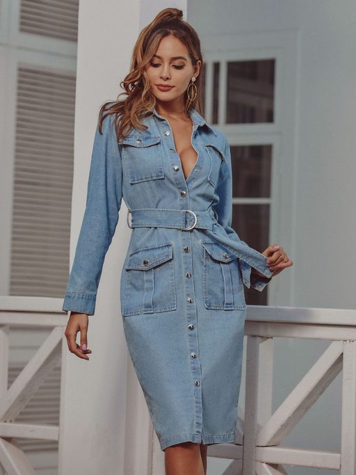 Denim Dress Long Sleeve High Waist Tie Detail Lapel Collar Casual Wear for Women Wholesale Avail