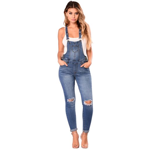 High Waisted Denim Jumpsuit for Women Vintage Style Slim Fit Ripped Design Perfect for Autumn an