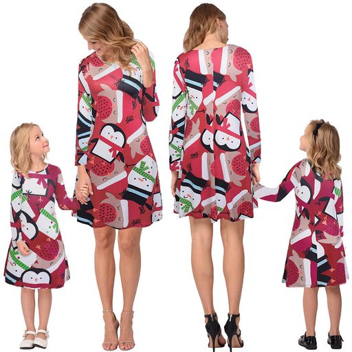 Family Matching Christmas Dresses Long Sleeve Round Neck Printed Casual Autumn Winter Style Whol