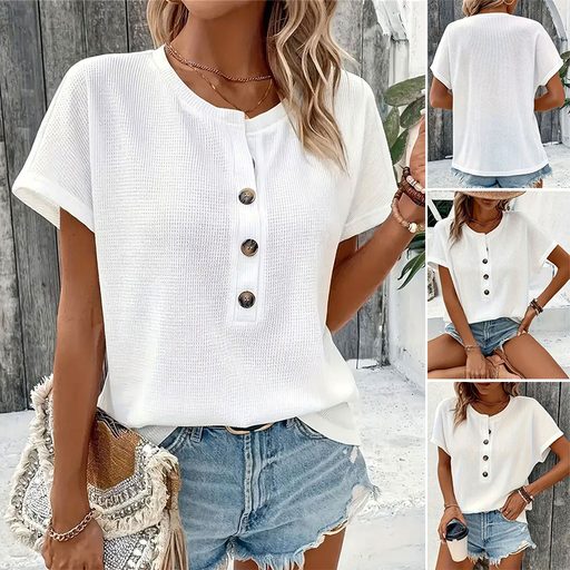 Summer Womens Fashion T Shirt Solid Color Button Detail Short Sleeve Casual Wear for Everyday Wh