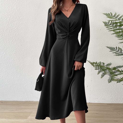 V Neck A Line Dress with Long Lantern Sleeves and Ruching in Black for Autumn Winter Elegant Style Wholesale