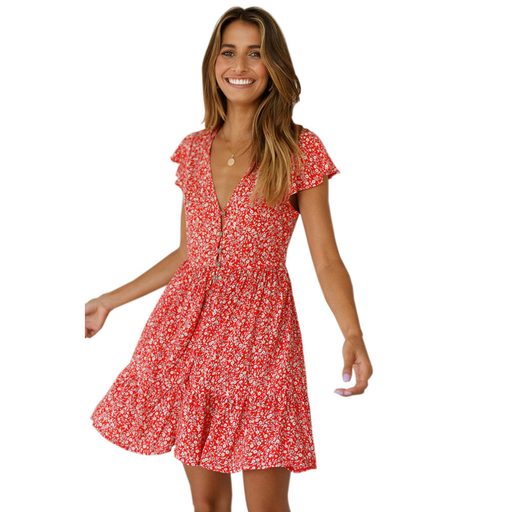 Summer Womens V Neck Button Short Sleeve Dress Unique Print Loose A Line Silhouette Casual Wear