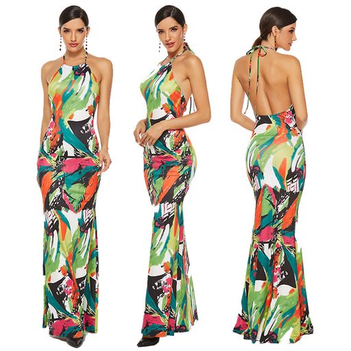 Colorful Printed Backless Maxi Dress for Women Sexy Fit with Tie Detail Polyester Milk Silk Perfect for Parties and Events