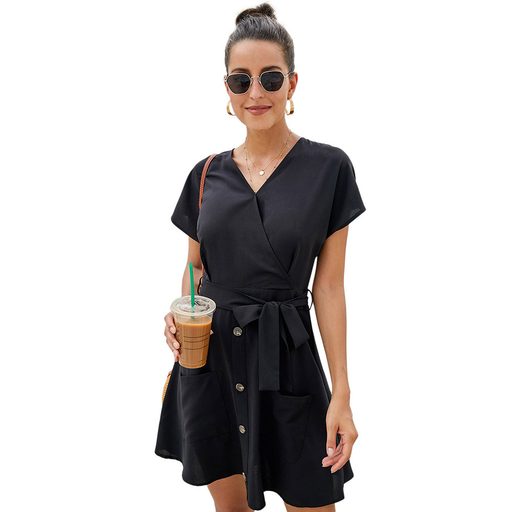 Loose Knee Length Dress for Women Summer Collection Deep V Neck Short Sleeve Button Closure Casu
