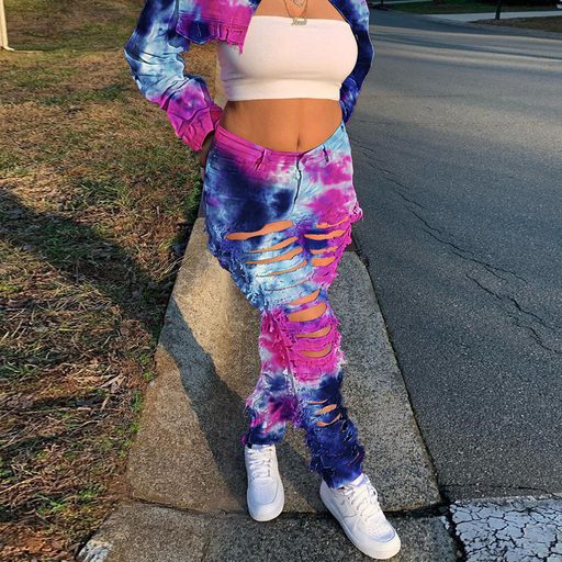Casual Distressed Tie Dye Denim Pants Button Detail Straight Leg Breathable Fabric Ideal for Everyday Wear