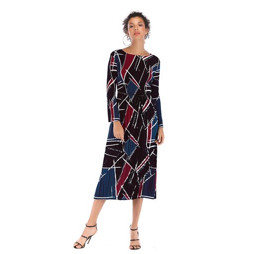 Geometric Print Chiffon Dress Long Sleeve Belted Pleated Design Perfect for Spring Summer Events