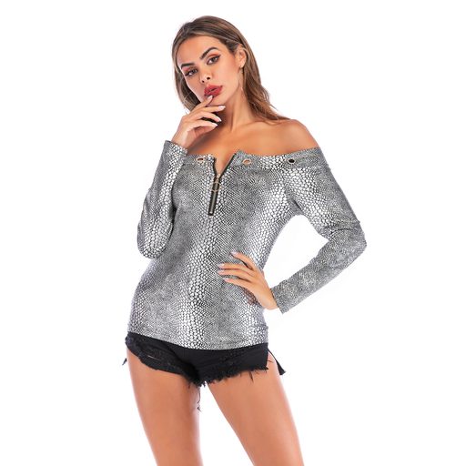Womens Off Shoulder Zip T Shirt Slim Fit Snake Print Casual Style Perfect for Summer Outings Who