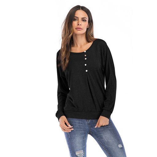 Womens Long Sleeve T Shirt Loose Fit Solid Color Button Detail Casual Wear for Everyday Use Whol