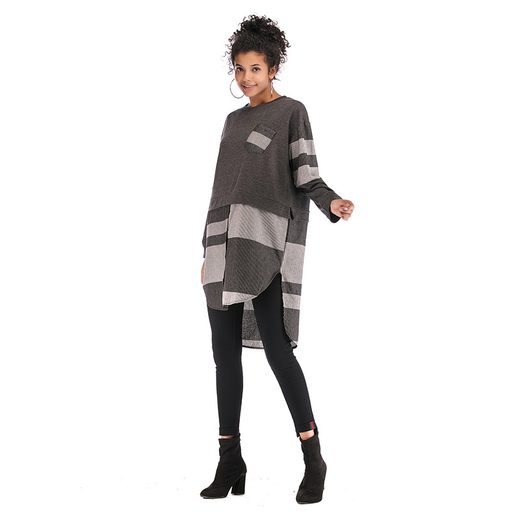 Womens Color Block Loose Dress Asymmetrical Plaid Design Round Neck Long Sleeve Autumn Winter Fa
