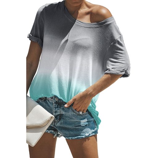 Gradient Color Womens T Shirt Short Sleeve Loose Fit Regular Style Casual Wear for Everyday Use