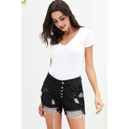 High Waisted Distressed Denim Shorts for Women Casual Style Straight Cut Vintage Wash Summer Wea
