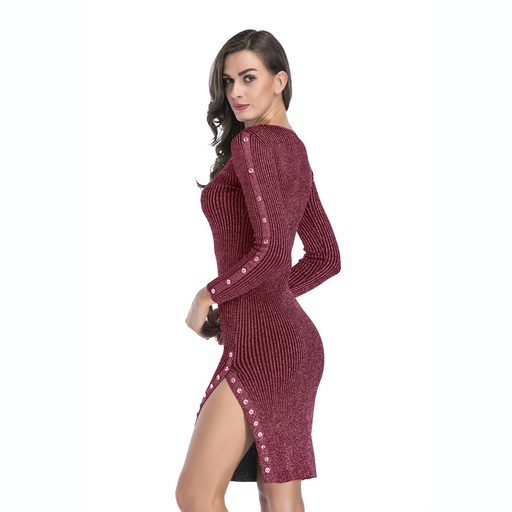 Knitted Midi Dress Button Detail Side Slit Bodycon Fit Spring Fashion for Women Wholesale Availa