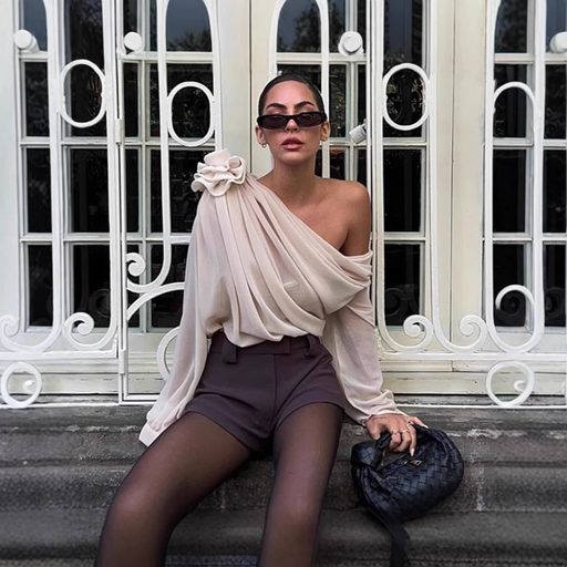Womens Long Sleeve T Shirt Sheer Mesh Floral Embellishments Asymmetrical Shoulder Trendy Street