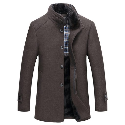 Mens Casual Overcoat Solid Color Thickened Slim Fit Stand Collar Large Fur Collar Business Attir