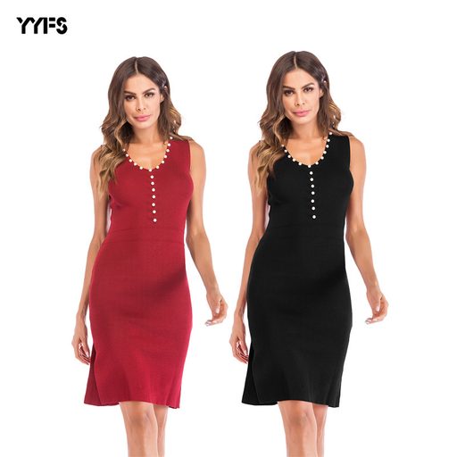 Womens Sleeveless V Neck Bodycon Dress Solid Color Beaded Detail Fashionable Knit Fabric Perfect
