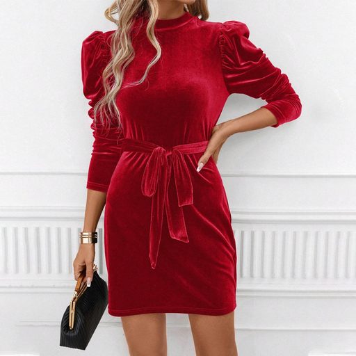 Elegant Red Velvet Bodycon Dress with Long Puff Sleeves and High Neck for Parties and Events Wholesale