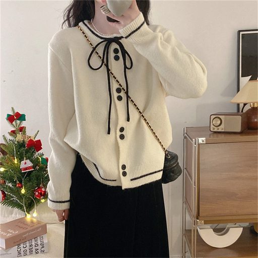 Color Block Knitted Cardigan for Women Loose Fit Soft Fabric with Bow Detail Spring Autumn Wear