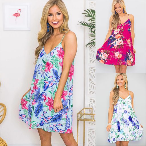 Womens Floral Print Beach Dress Sexy Spaghetti Strap Lightweight Fabric Summer Style Wholesale A