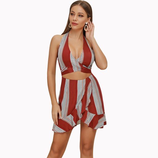 Striped Ruffle Hem Halter Neck Dress Irregular Design Lightweight Fabric Summer Wear Wholesale A