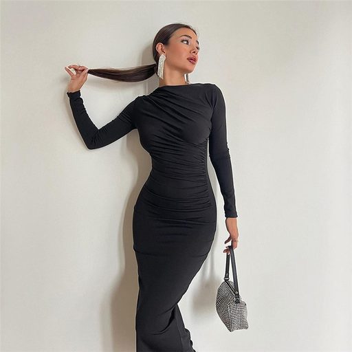 Womens Fashionable Long Sleeve Bodycon Dress Round Neck Solid Color Elegant Style Spring Summer