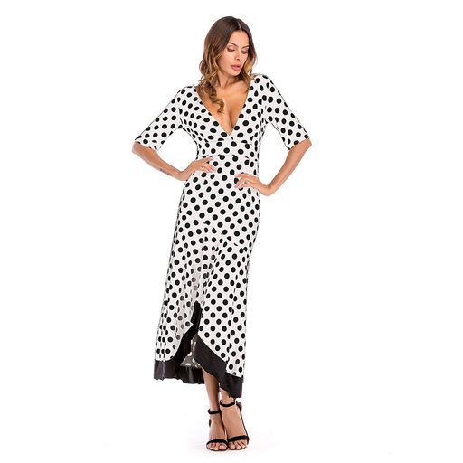 Polka Dot Deep V Midi Dress Slim Fit Elegant Style Perfect for Spring Wholesale Available factor