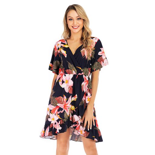 Womens Floral Print V Neck Dress Short Sleeve Casual Style Spring Collection Wholesale Available