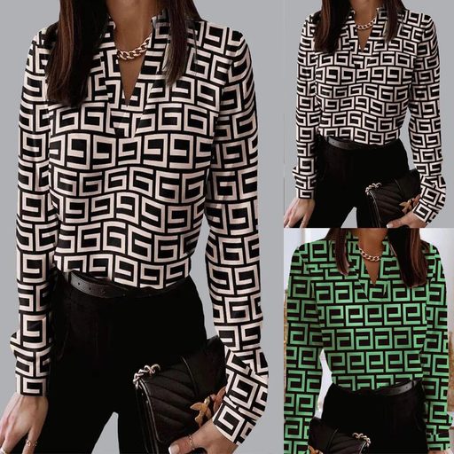 V Neck Geometric Print Long Sleeve T Shirt Womens Fashion Casual Style Comfortable Fabric Wholes