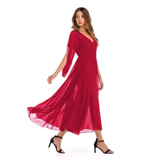 Womens Chiffon Maxi Dress Deep V Neck Color Block Flowy Design Spring Summer Fashion Wholesale A
