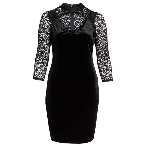 Velvet Evening Dress for Women Lace High Neck Hollow Out Three Quarter Sleeve Bodycon Plus Size