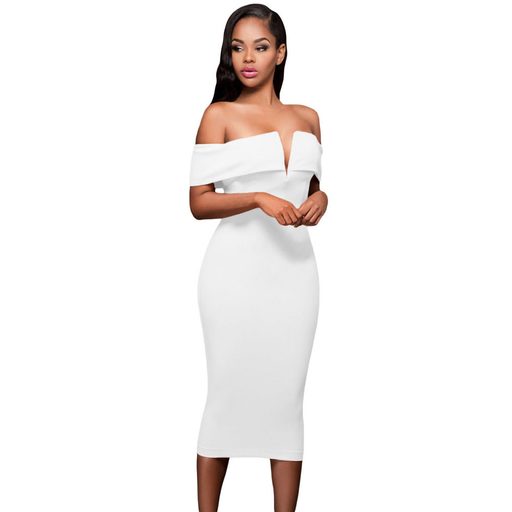 Strapless V Neck Dress with Cups Cotton Back Zipper Closure Slim Fit Knee Length Evening Party W