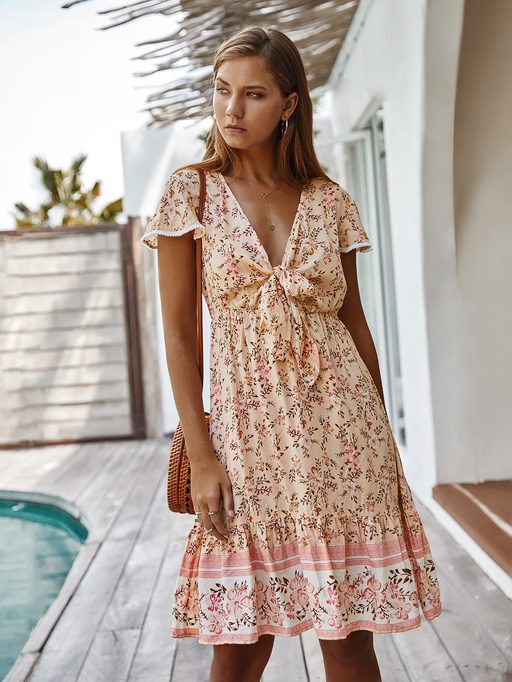 Bohemian Vacation Dress Original Design Short Sleeve Sexy Fit Lightweight Fabric Spring Summer C