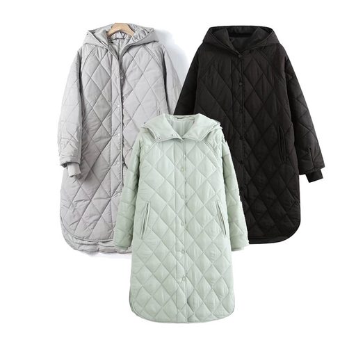 Hooded Longline Quilted Cotton Coat for Women Loose Fit Warm Winter Jacket Casual Everyday Wear