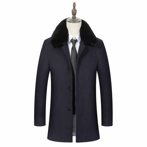 Mens Business Casual Mid Length Detachable Wool Blend Overcoat Stylish Turn Down Collar Versatil