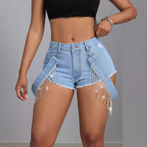 Fringe Hem Denim Shorts Slim Fit Tie Detail Casual Style Perfect for Summer Outings Wholesale Av