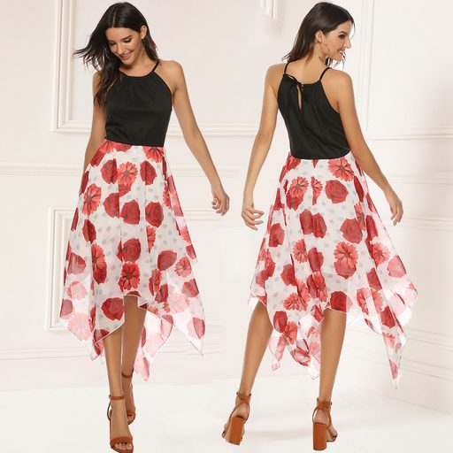 Womens Chiffon Dress Set Sexy Spaghetti Strap Top with Printed Skirt Casual Summer Wear