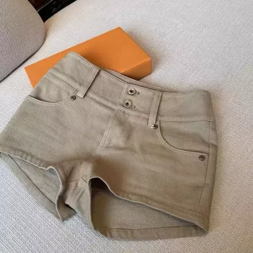 Khaki Low Rise Casual Womens Denim Shorts Loose Fit Stretch Fabric Spring Summer Wear