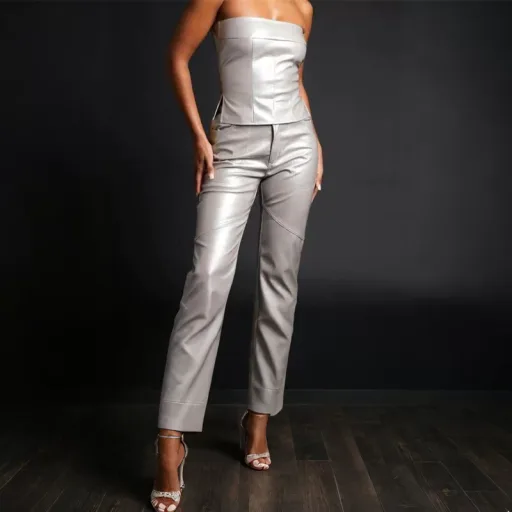 Womens Street Style Silver Foil Wide Leg Trousers Casual Loose Fit Versatile Design Perfect for