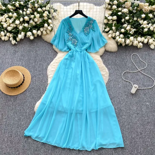 V Neck Vintage Style Womens Dress Summer Ruffled Design Elegant Long Dress Available in Multiple Colors and Sizes