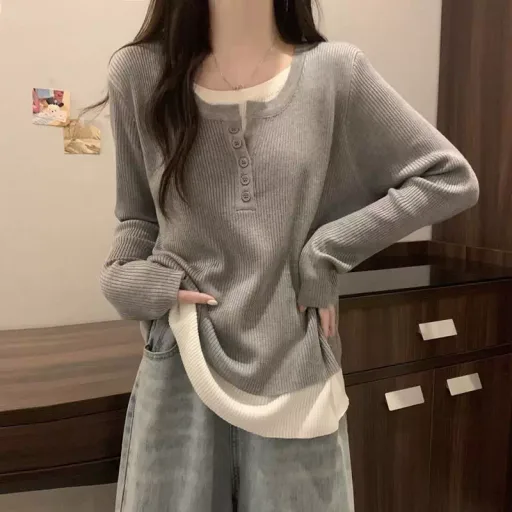 Gray Knit Two Piece Style Top For Women Loose Fit Long Sleeve Casual Layering Shirt Fall Winter Collection Wholesale
