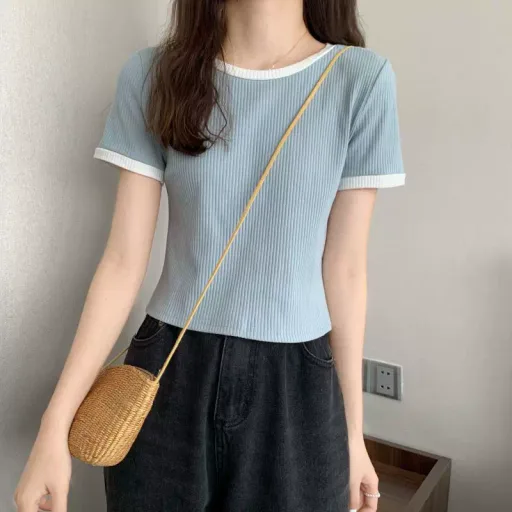Slim Fit Short Sleeve T Shirt For Women Round Neck Color Block Design Casual Summer Wear