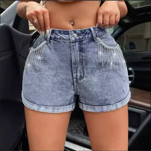 Casual Womens Denim Shorts with Frayed Hem and Distressed Details in Blue Available in XS to L for Summer Wholesale