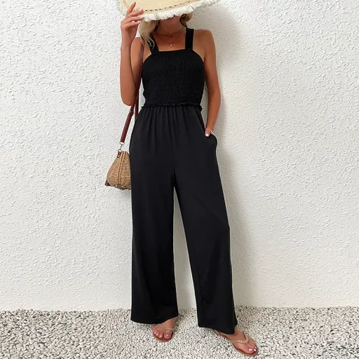 Black Wide Leg Jumpsuit Casual Comfortable Summer Fashion Perfect for Vacation or Everyday Wear Wholesale Availa