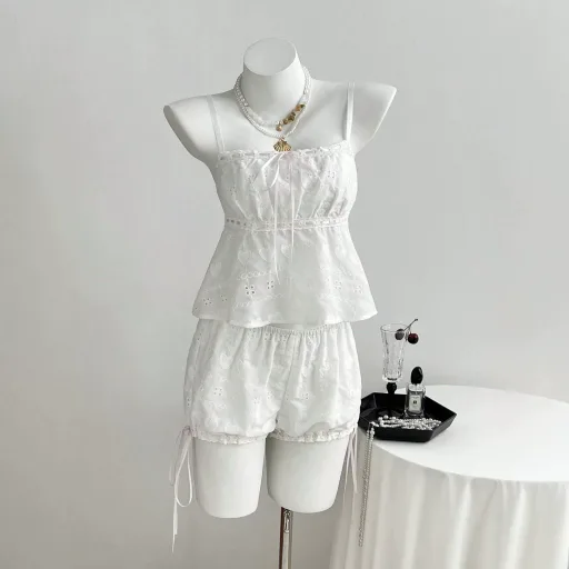 Womens Summer Sweetheart Lace Camisole And Floral Pants Set In White Casual Fit