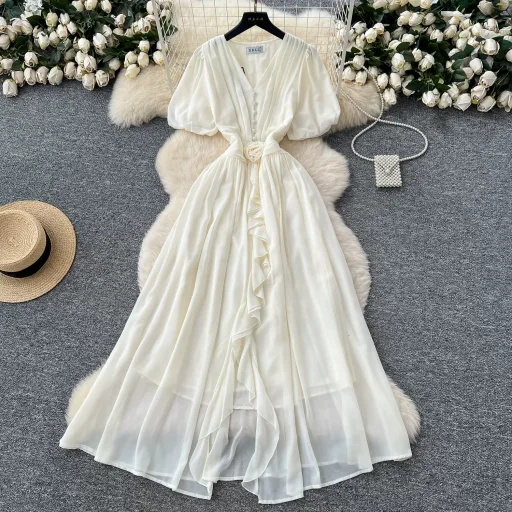 V Neck Puff Sleeve Floral Chiffon Dress With Ruffle Hem Elegant Long Gown For Women In Multiple Colors