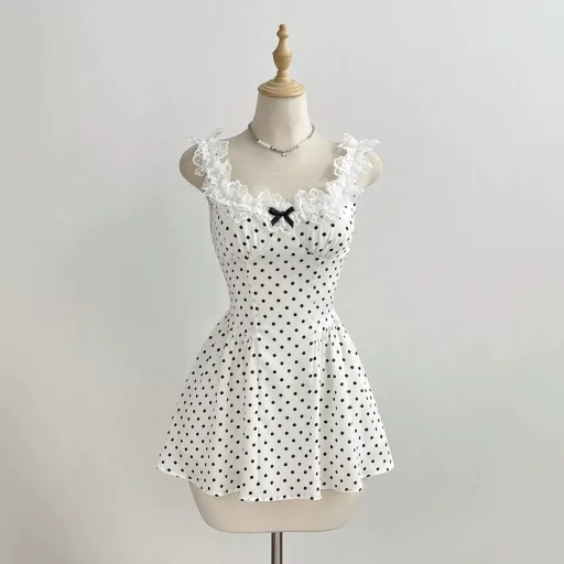 Mini A Line Dress Lace Trim Polka Dot Bow Detail Casual Wear for Women Ready to Ship fast shippi