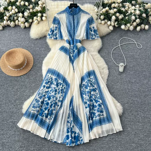 French Style Floral Maxi Dress For Women With Pleated Design And Stand Collar Available In Multiple Colors And Sizes