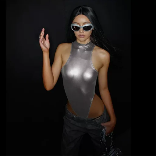 Womens Reflective Sleeveless Bodysuit Trendy Bright Colors Stand Up Collar Bodycon Fit Nightclub Fashion Wholesa