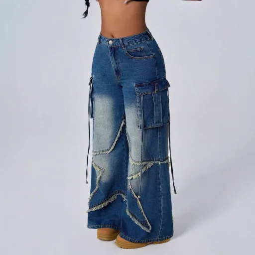 Womens Vintage Star Print Cargo Jeans Blue Available in XS to XL Casual Wear Wholesale Supply low MOQ