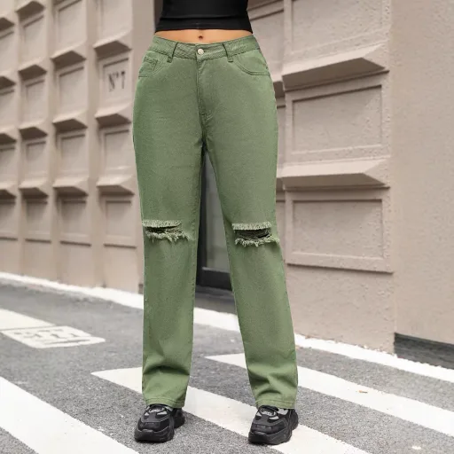 Womens Distressed Wide Leg Jeans Casual Style Green Color Available in Multiple Sizes Wholesale Supply