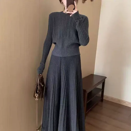 High Waist Pleated Knit Two Piece Set for Women Casual Chic Style Available in Gray White and Black Wholesale Ready